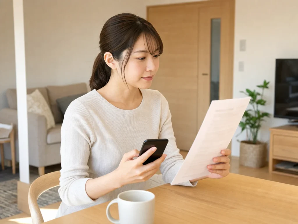 契約書とスマホで連絡先を確認する女性