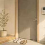 温かい日差しが差し込む住宅の玄関のイラスト。ドアの前に靴が並び、観葉植物やインターホンが描かれている。