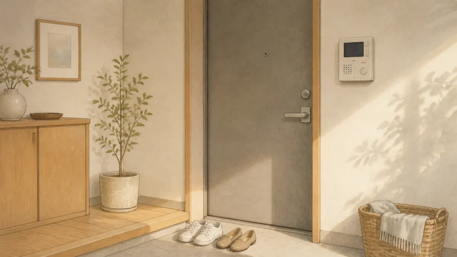 温かい日差しが差し込む住宅の玄関のイラスト。ドアの前に靴が並び、観葉植物やインターホンが描かれている。