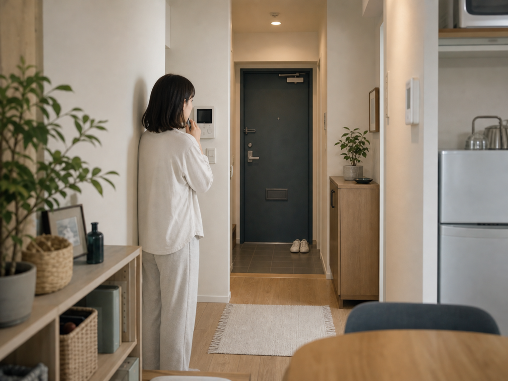 知らない人の訪問にドアを開けずインターホン越しに対応する一人暮らし女性