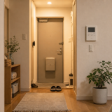 夜の一人暮らしの部屋と玄関のインターホン