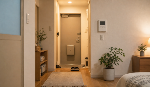 夜の一人暮らしの部屋と玄関のインターホン
