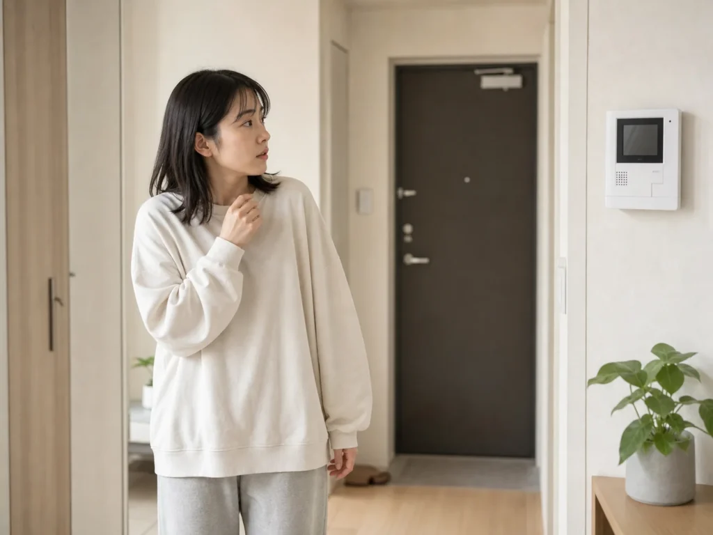 予定外のインターホンに驚いて玄関で立ち止まる女性