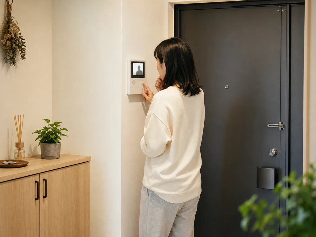 ドアを開けずにインターホン越しで応じる女性
