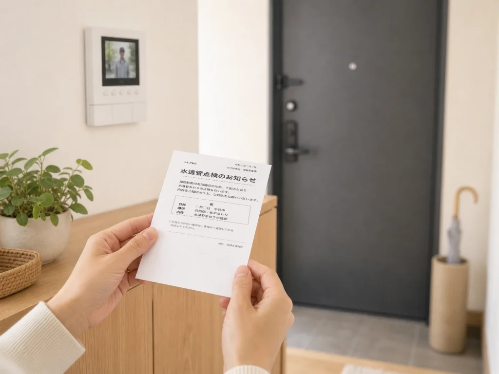 訪問が正規か判断するため、ポストの点検のお知らせを確認する手元