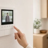 知らない訪問者をインターホン画面で確認し、ドアを開けずに判断する手元