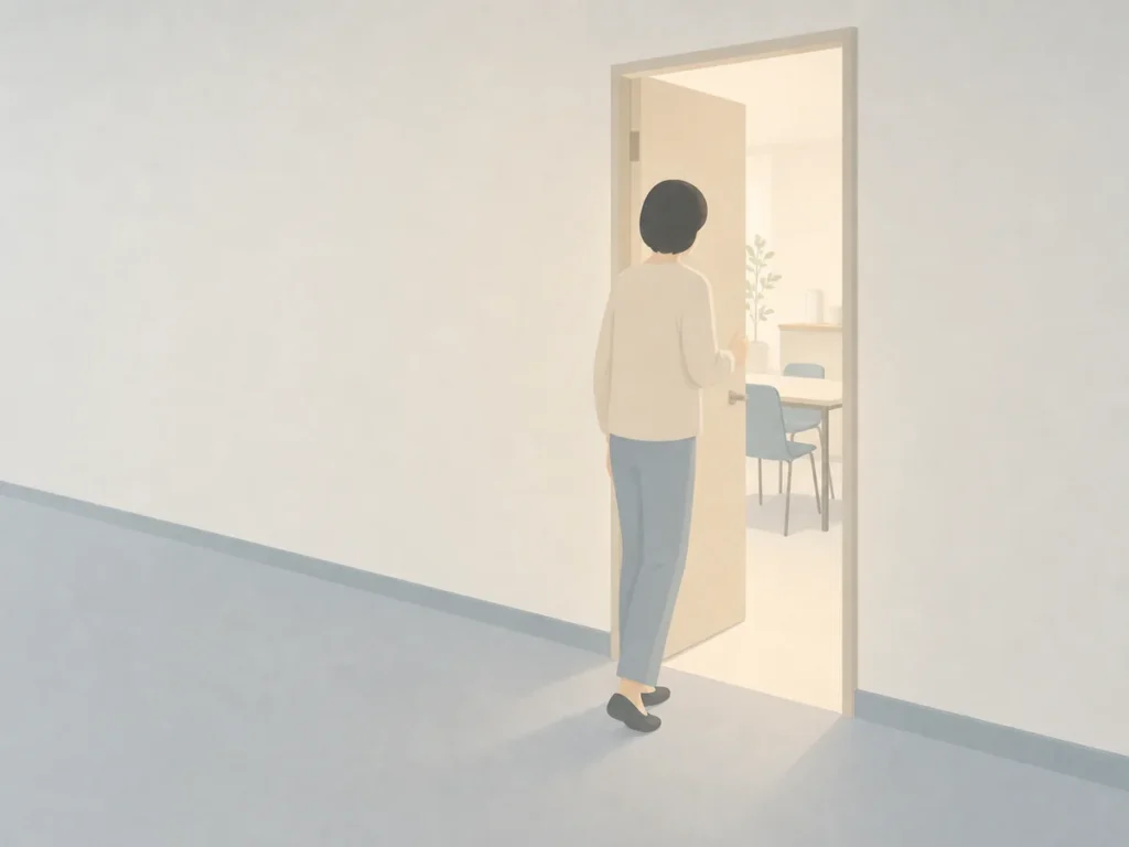 休憩室へ入る前に廊下で一度立ち止まる人の後ろ姿