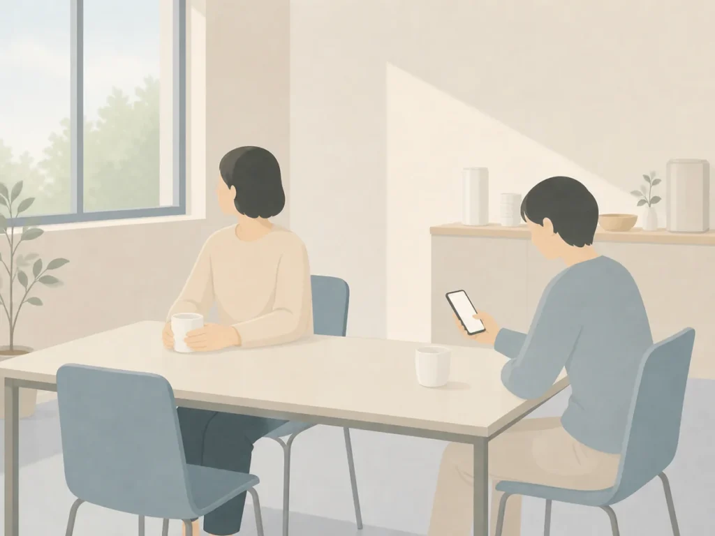 同じテーブルでスマホと窓の外を見ながら静かに休む二人