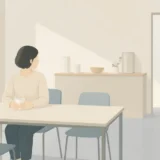 職場の休憩室でカップを持つ人と入口から入ってくる同僚