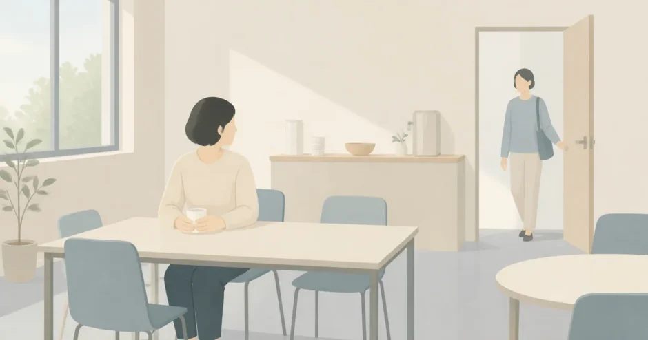 職場の休憩室でカップを持つ人と入口から入ってくる同僚