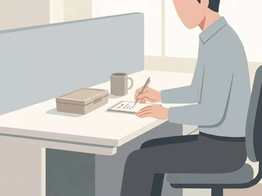 職場のデスクでお弁当の横にあるメモ帳へ時間を書き留める手元