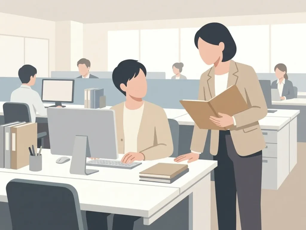 休憩終了後に同僚のデスクを訪れて業務を確認する人