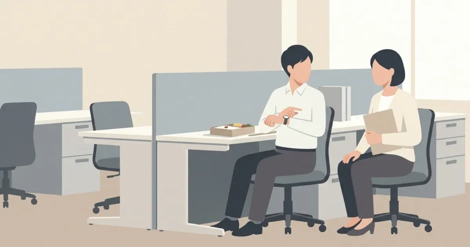 職場のデスクでお弁当を広げる人へ書類を見せる同僚と時間を示す手元
