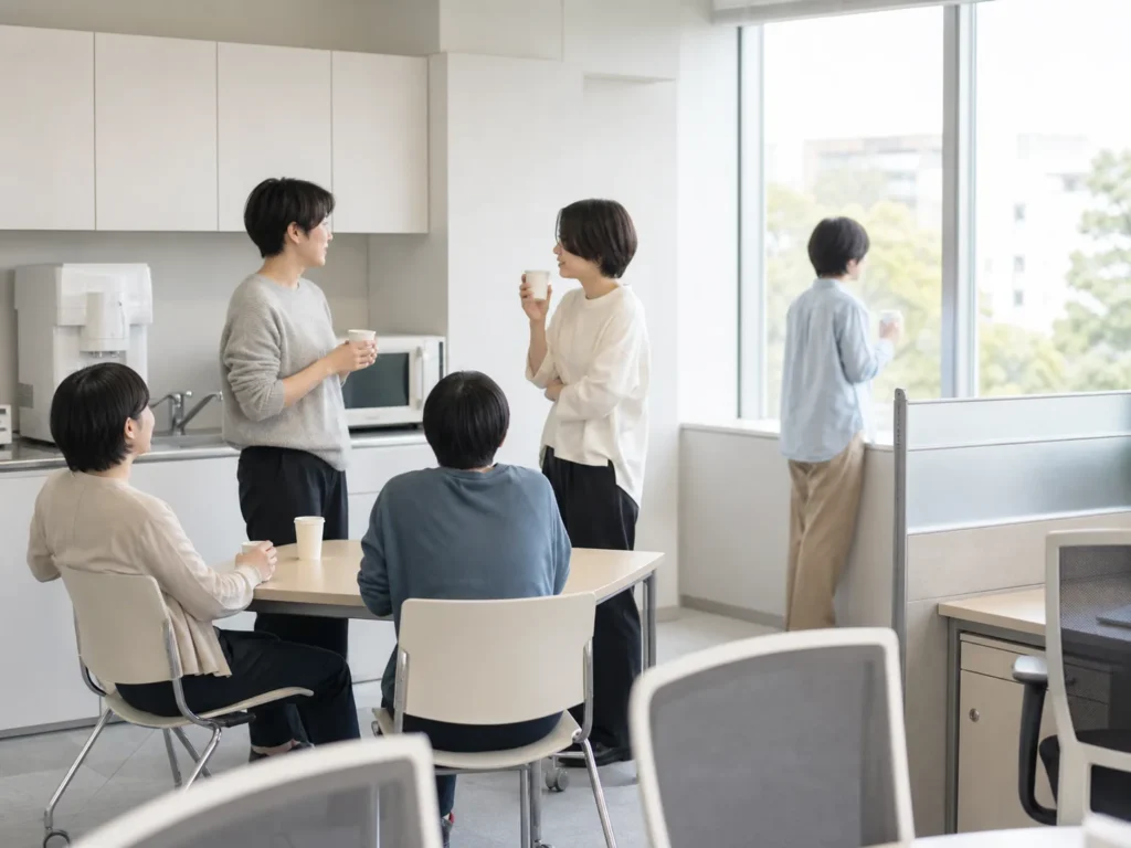 職場で雑談する人たちと窓際で静かに過ごす人物の二つの休憩風景
