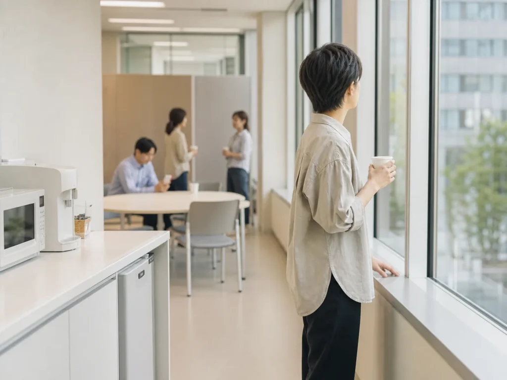 職場の給湯コーナーを離れ窓際で短く一息つく後ろ姿の人物