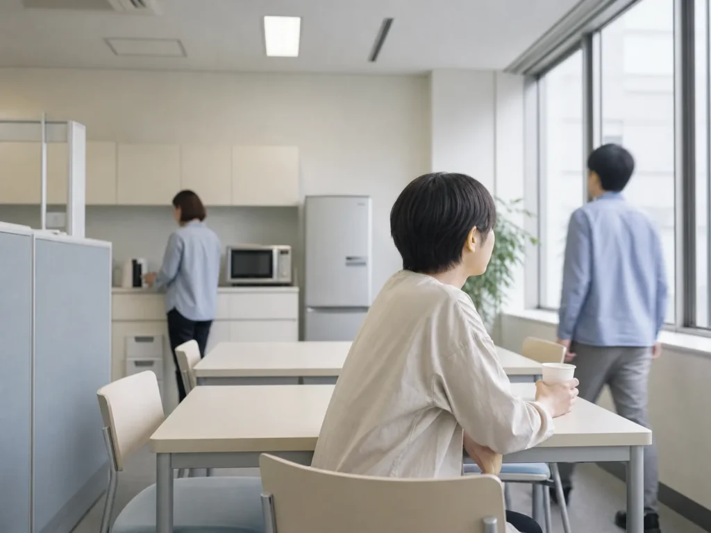 職場の休憩スペースで肩の力を抜き静かに座って過ごす人物