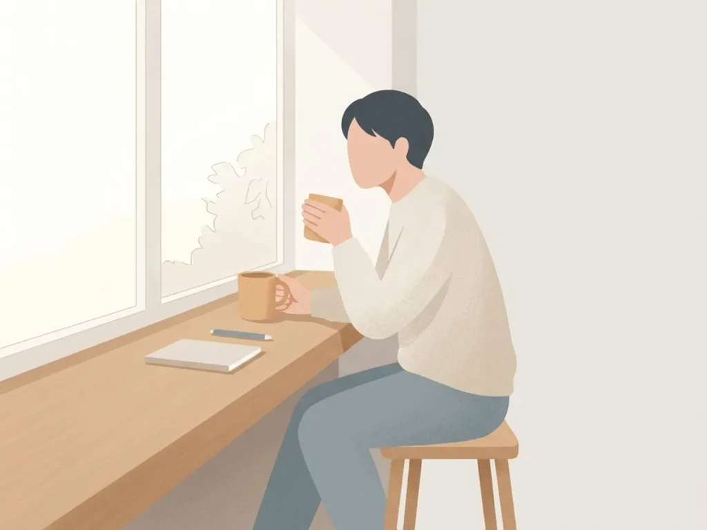 職場の窓際で温かい飲み物を手に短く休憩する人