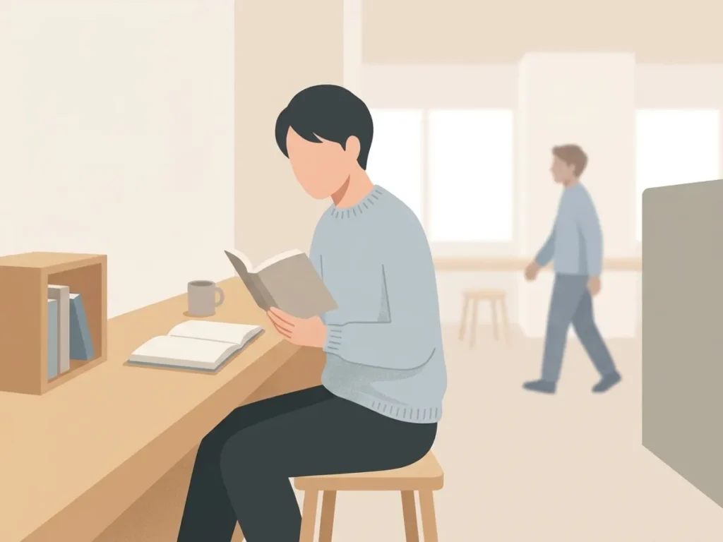 職場の静かな席で一人本を開いて過ごす人