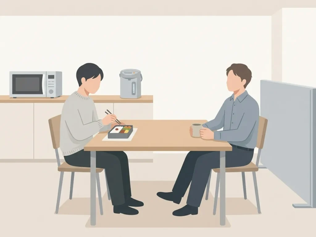 オフィスの休憩室で同僚と静かに同じテーブルを囲む人