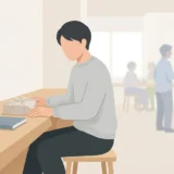オフィスのカウンター席でお弁当と本を置き静かに休む人